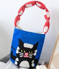 ☆黒猫 トート バッグ ブルー レッド 水玉 個性的 カラフル レディース バッグ ネコ かわいい ふわふわ//B-21