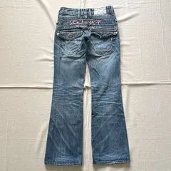 希少　00s　archive　アーカイブ古着　LOLITA JEANS　ロリータジーンズ　グラデーション　ハチノス　激フェード　ダメージ加工　フレアデニム　ブーツカットシルエット　レッド×ホワイト　ヒップロゴ刺繍　フラップポケット　Y2K　平成ギャル　一点物