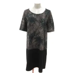 ブージュルード Bou Jeloud ワンピース ひざ丈 ボタニカル柄 五分袖 黒 ブラック 緑 グリーン ライトグレー /MS
