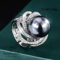 グレーの天然淡水パール調整可能リング、 925シルバー  ■2272