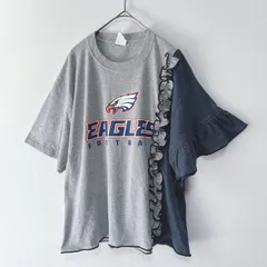 古着リメイクTシャツ　グレー×ネイビー　フロントフリル　袖ギャザーフリル　アシンメトリー　灰　紺　レディーストップス