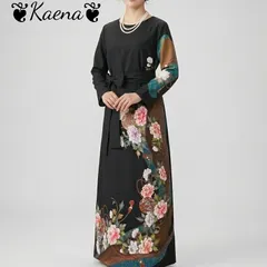 ❦Kaena❦　着物リメイク　ロングワンピース　結婚式ドレス　黒留袖　花柄　長袖　ベルト付き