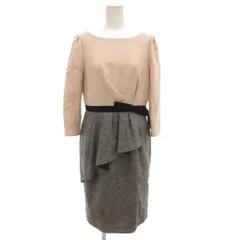 ジャスグリッティー JUSGLITTY ドッキングワンピース 七分袖 ひざ丈 ウール  2 ベージュ グレー リボン ラッフル /GV