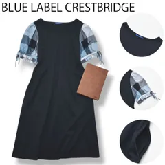 【美品】 ブルーレーベル クレストブリッジ BLUE LABEL CRESTBRIDGE ミモレ丈 半袖 ワンピース クルーネック 切替 デザイン 36 ネイビーxチェック柄 レディース ♪