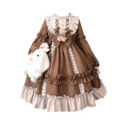 [Takusan Shopping] ロリィタ コスプレ 甘ロリ ワンピース ドレス ロリータ ブラウス ゴスロリ スカート 衣装 ハロウィン フリフリ 撮影会 お姫様 ぬいぐるみ 地雷系 リボン レース ボリューム コスチューム ステージ 姫ロ [ブラウン]