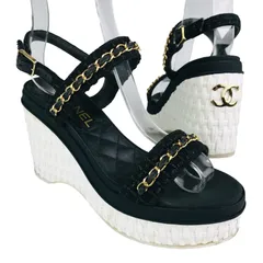 美品★CHANEL★シャネル・レディース ツイード:レザーチェーンストラップ メタルココマーク ウェッジソール サンダル 厚底 (35.5/22.5㎝相当) イタリア製 ブランドサンダル レディースサンダル  カジュアル 春夏靴 ブラック