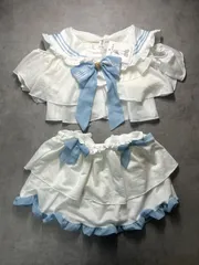 セーラー 水着 2点セット マリン風 オフショル フリル セパレート 白 水色 リボン 地雷系 量産系 ゆめかわ To Alice風 ウェア見え 体型カバー ジュニア 150 160 Sサイズ インポート STAR FASHION スイムウェア