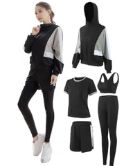 上下 ランニングウェア 5点セット 伸縮性 トレーニングウェア 通気 吸汗速乾 ヨガウェア フィットネス ジャージ レディース スポーツブラ ロングタイツ スポーツウェア パーカー 半袖 [DawnRain] 短パンツ 春夏秋冬