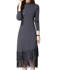 [Dep Club] ニットワンピース レディース 秋冬 ロング 長袖 ワンピース 黒 レース パーティードレス 上品 きれいめ タイト 膝下丈 大きいサイズ 体型カバー デート お呼ばれ 秋 冬 (JP, アルファベット, [グレー] [Free Size]