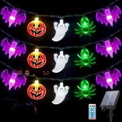ハロウィン 飾り ソーラー ライト 【30球全長6.5M ソーラー充電式 8点灯モード リモコン制御】 ハロウィンソーラーイルミネーション LED ソーラーストリングライト タイマー機能 防水 装飾 Halloween 飾り付け カボチャ お化け コウモリ 1