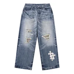 新品未使用 サプライヤー SUPPLIER 26SS Multiple Cross Leather Patch Baggy Denim Blue デニムパンツ ジーンズ ストリートファッション クロスレザーパッチのサムネイル