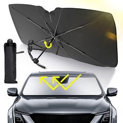 車用サンシェード フロント 傘型 折り畳みサンシェード 車用【ガラス繊維製の傘骨先端】 遮光 遮熱 UVカット 紫外線遮蔽 バックミラー開き口設計 改良式曲がる中棒 取付簡単 日焼け対策 車中泊 仮眠 暑さ対策 収納ポーチ付き 0