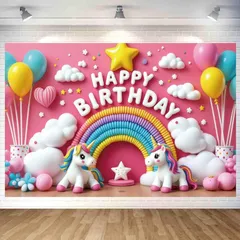 3D ユニコーン レインボー バースデー タペストリー 立体 ピンク ユニコーン 誕生日 飾り付け タペストリー おしゃれ 女の子 誕生日 壁掛け 写真背景 Happy Birthday パーティー フォトポスター 撮影用背景幕 180x120cm 1