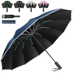 VARNIC 折りたたみ傘 【頑丈な12本骨 逆折り式】 ワンタッチで自動開閉 折り畳み傘 大きいサイズ 耐風撥水 丈夫耐久 豪雨対応 梅雨/台風対策 UVカット 遮光遮熱 日傘 晴雨兼用 反射テープ 収納ポーチ付き おりたたみ傘 男子日傘 UPF50+  0