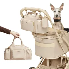 PETTENA ペットカート バッグ 大容量 ベビーカー用バッグ ペットカート ドリンクホルダー 収納 手持ち カート掛け2way お散歩 多機能 カーキ マナー袋付き(シンプル, ベージュ) 0