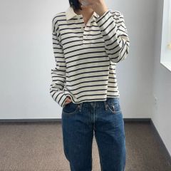 COS コス ネイビー ストライプ ロングスリーブ カラーTシャツ