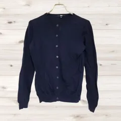 A1399 ユニクロ UNIQLO カーディガン 長袖(M) ネイビー 無地 綿 Uネック ノーカラー
