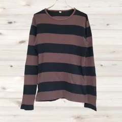 A1413 ユニクロ UNIQLO Tシャツ 長袖 ロンT(M) 茶 ボーダー 総柄 綿 Uネック ノーカラー