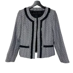  レディース ツイード ノーカラージャケット 11号 L 紺 セレモニー フォーマル 卒業式 ネイビー×ホワイト【B102】