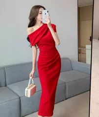 赤ワンショルダーパーティードレスMレディースワンピース結婚式演奏会お呼ばれ二次会フォーマル肩出しセクシーきれいめエレガント上品タイトミディ丈ロング韓国風キャバドレス発表会披露宴謝恩会成人式同窓会細見え体型カバー高見え無地大人可愛い華やか SA-998