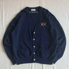 90s 　vintage　ヴィンテージ　MIKI HOUSE 　ミキハウス　両面ジャガードロゴ　アーガイルチェック　ウール　ハイゲージ編みニット　ボタン留め　長袖カーディガン　L　ネイビー　C-BOY　レトロ古着　argyle × logo cardigan