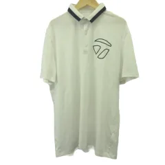 ポロシャツ ゴルフシャツ L 白 ホワイト 半袖 ライン入り襟 ロゴプリント /MD ■GY58