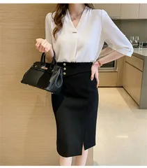 白シフォンブラウスVネック5分袖レディースL相当オフィス通勤OLきれいめ上品フォーマルカジュアル無地夏シャツ春夏トップスゆったり体型カバー涼しい涼感薄手おしゃれ大人可愛い韓国風ビジネスシャツシャツブラウスレディーストップス着回し高見え SA-062