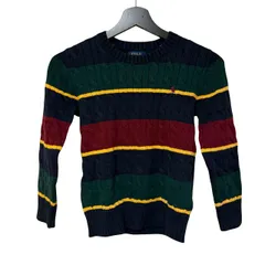  POLO RALPH LAUREN ポロラルフローレン キッズ 130 ケーブルニット セーター マルチボーダー 紺【B104】