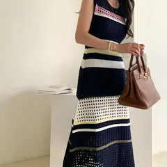 ボーダーニットワンピースロングノースリーブレディース春夏サマーニットメッシュニットミモレ丈きれいめ大人可愛いおしゃれ韓国風細見え高見え上品カジュアルお呼ばれ旅行リゾートデート休日ネイビー紺ストライプ SA-027