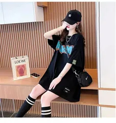 黒ビッグTシャツワンピース2XLレディース半袖オーバーサイズバックプリントストリートゆったり体型カバーロゴTシャツロング丈チュニックワンピミニワンピ大きいサイズカジュアルおしゃれ可愛い春夏秋スポーツMIX原宿系ダンス部屋着ルームウェア細見え着痩せ SA-021
