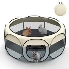 Pawaboo ペットサークル 折りたたみ 八面仕様 小動物フェンス プレイサークル 猫 サークル ペット サークル ゲージ 動物フレンドルーム 遊び用 屋外/屋内 ハムスター 飼育サークル 小動物用 ハリネズミ用 グレー＋オフホワイトのサムネイル
