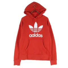 adidas アディダス トレフォイル ロゴプリント 長袖 スウェットパーカー S レッド メンズ 古着
