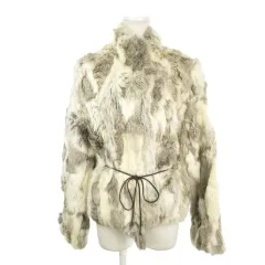 コムサイズム COMME CA ISM ファーコート L ベージュ グレー まだら模様 長袖 ベルト付き /MN2 ■ECA002