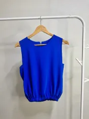 新品 とろみ素材 ブルー シャーリング ノースリーブブラウス