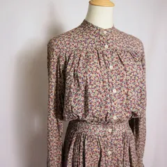 vintage ワンピース シャツワンピース 小花柄 総柄 アンティーク フロントボタン ギャザー ロング丈