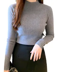 [Dep Club] タイト ニット レディース 長袖 セーター ハイネック リブニット 薄手 タートルネック タートル 無地 きれ���め 秋 冬 秋冬 インナー カジュアル トップス (JP, アルファベット, Free [グレー] [Free Size]