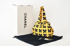極美品 CHANEL シャネル がま口 ハンドバッグ A18977 7番台 ココマーク キャンバス イエロー ネイビー 花柄 総柄 中古 4b013083
