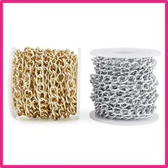 ゴールド&シルバー Beadthoven 2巻セット 幅6.5mm ゴールド＆シルバー アルミチェーン 喜平チェーン カーブチェーン リンクチェーン ネックレス ブレスレット バッグ用チェーン アクセサリーパーツ ジュエリー用 DIY ハンドメイド オーナメン