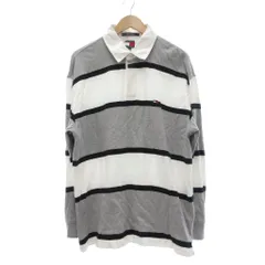 トミーヒルフィガー TOMMY HILFIGER ポロシャツ XL グレー 白 ホワイト ボーダー柄 長袖 レギュラーカラー ECF001 /SX ■ECF001