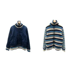 エーティー アツロウタヤマ A/T ブルゾンジャケット ニットジャケット ミドル丈 リバーシブル ボーダー柄 無地 中綿 紺 ネイビー ベージュ /SY8