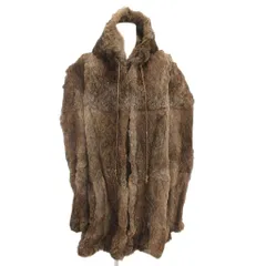 ノーブランド ラビットファーコート フーディー ロング 毛皮 L 茶 ブラウン /FF ■GY44