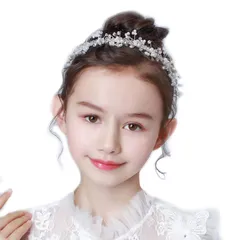 髪飾り ヘアアクセサリー カチューシャ 結婚式 ヘッドドレス 女の子 子供 花嫁 花冠 クラウン フラワー ヘアバンド パーティー クリスタルビーズ パール ウェディング 発表会 卒業式 入学式 ホワイト