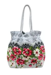 新品同様 フェイラー トートバッグ レース ハンドバッグ 花柄 グレー FEILER シュニール織 ヴィンテージ 手提げ 編み込み 