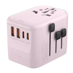 変換プラグ 海外用電源プラグ USB-C×2、USB-A×2、4台同時に充電 200ヶ国以上通用 ヨーロッパ/韓国/イギリス/アメリカ/オーストラリアの国に対応 海外旅行用便利グッズ 旅行 出張用 日本語説明書付き (ピンク)　美品　おすすめ a6430992