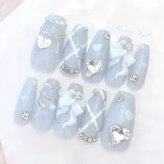 No.117オーダー♡量産型ワンホン韓国フレンチガーリーリボンスナ系ネイルチップ パールハートチェック柄