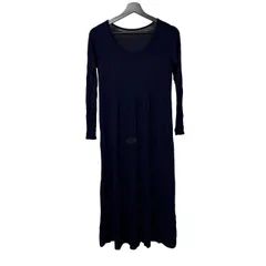  ロングワンピース ティアード ネイビー 長袖 クルーネック ゆったり 体型カバー マキシ丈 紺【B100】