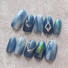 No.2042 現品販売！ネイルチップ　ブルー/ニュアンス/ミラー