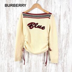 00s BURBERRY BLUE LABEL 버버리 블루 라벨 프런트 로고 사이드 리본 울 니트 보트 넥 롱 슬리브 스웨터 베이지 트리코 컬러 레이디스 탑스 y2k 헤세이 패션