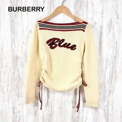 00s BURBERRY BLUE LABEL バーバリーブルーレーベル フロントロゴ サイドリボン ウールニット ボートネック ロングスリーブ セーター ベージュ トリコカラー レディース トップス y2k 平成ファッション