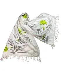 【爽やかなボタニカル柄】大判ストール ライムグリーン×ホワイト フリンジ付